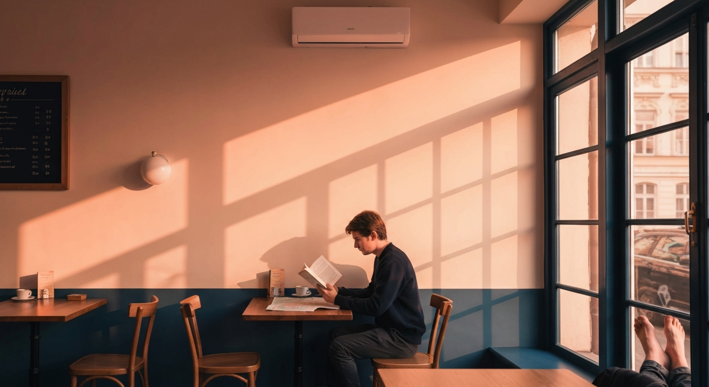 Warm interior of a small cafe at golden hour, single traveler reading at a wooden table by a large window